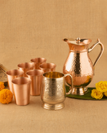 Premium Dining Combo – Copper Maharani Jug with 6 Glasses + Brass Robust Engraved Mug