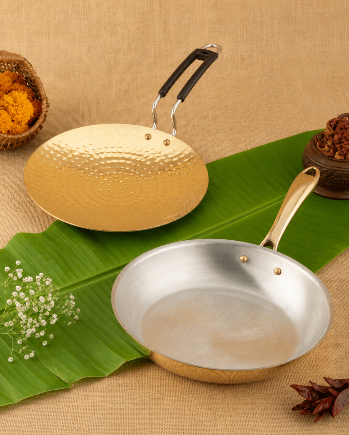 Essential Brass Cookware Combo – Brass Robust Frypan + Brass Premium Hammered Roti Tawa