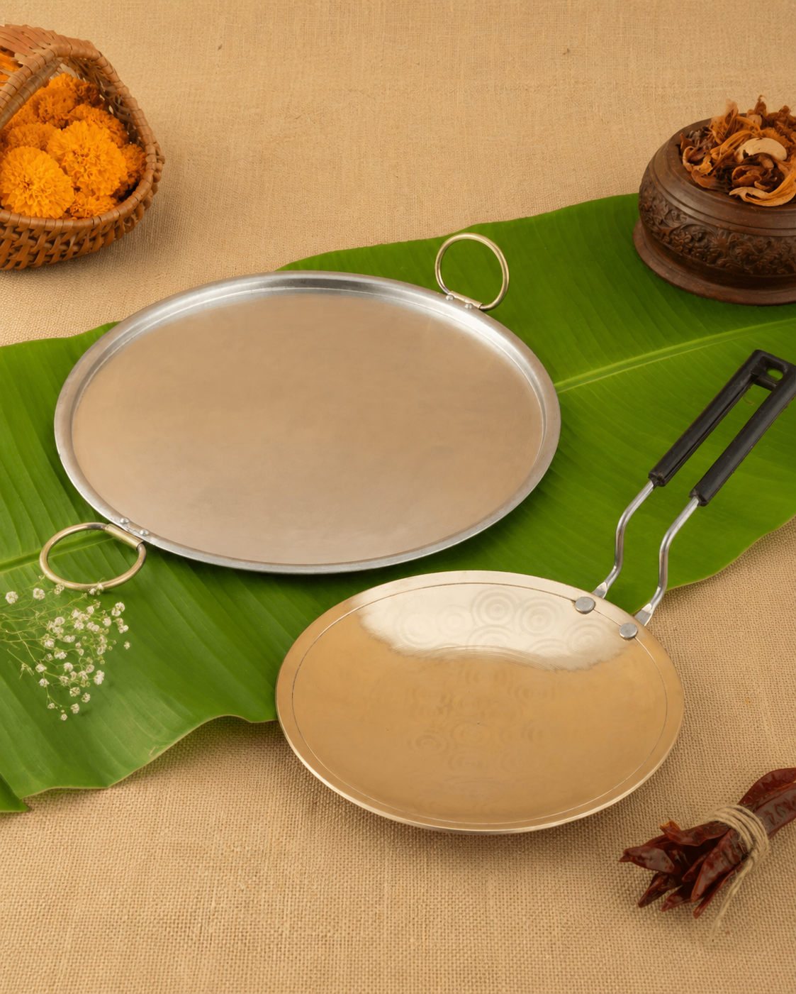 Traditional Brass Tawa Combo – Brass Robust Dosa Tawa + Brass Premium Hammered Roti Tawa