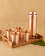 Copper Crest Glass 4 Pcs Set + Premium Bottle 980ml Ltr with Teakwood Tray