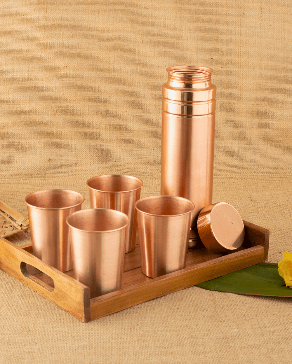 Authentic Copper Crest Glass 4 Pcs Set + Premium Bottle 980ml Ltr with Teakwood Tray