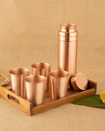 Authentic Copper Crest Glass 4 Pcs Set + Premium Bottle 980ml Ltr with Teakwood Tray