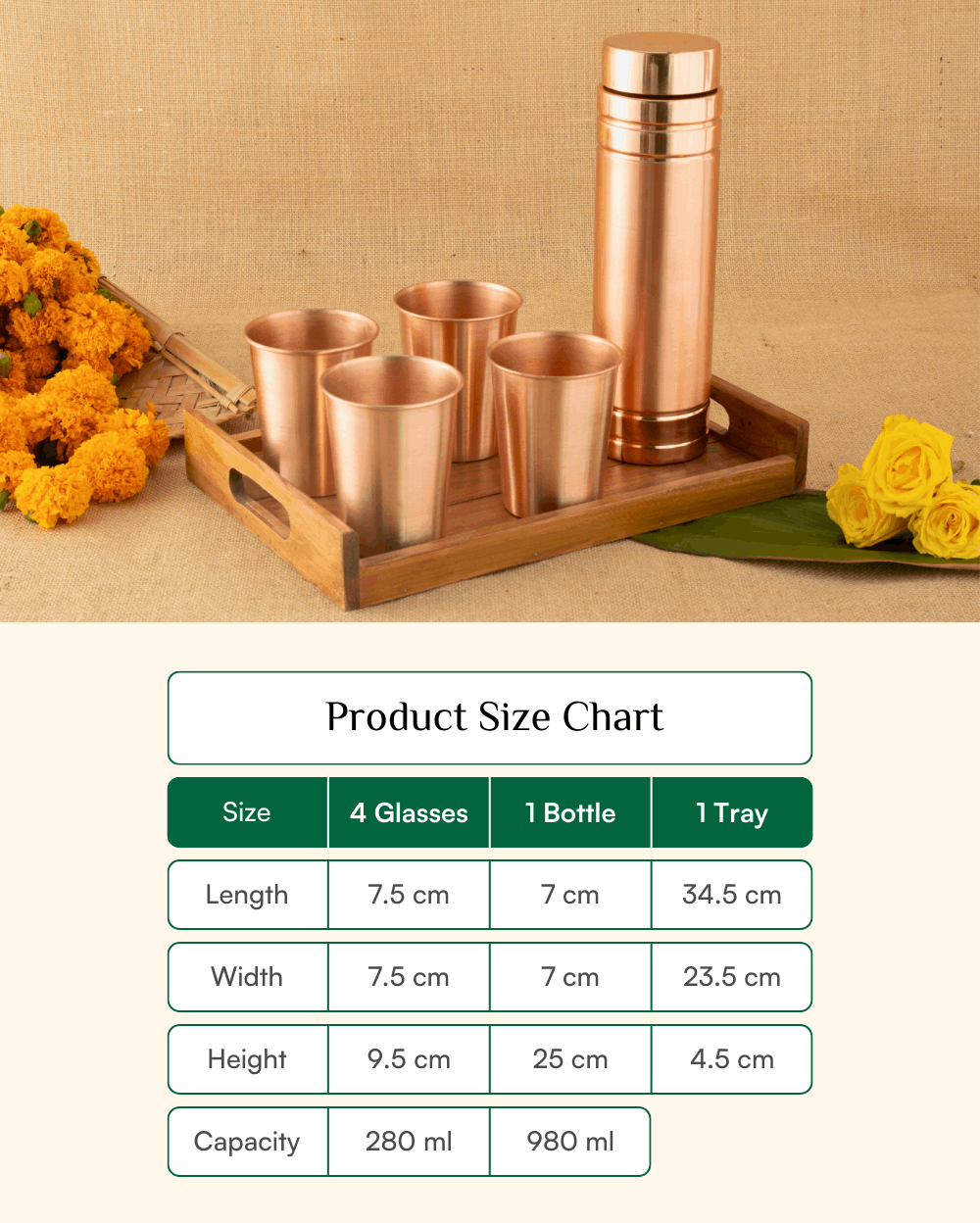 Pure Copper Crest Glass 4 Pcs Set + Premium Bottle 980ml Ltr with Teakwood Tray