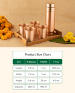Pure Copper Crest Glass 4 Pcs Set + Premium Bottle 980ml Ltr with Teakwood Tray