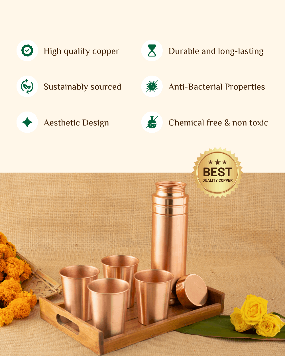 Benefits Of Copper Crest Glass 4 Pcs Set + Premium Bottle 980ml Ltr with Teakwood Tray