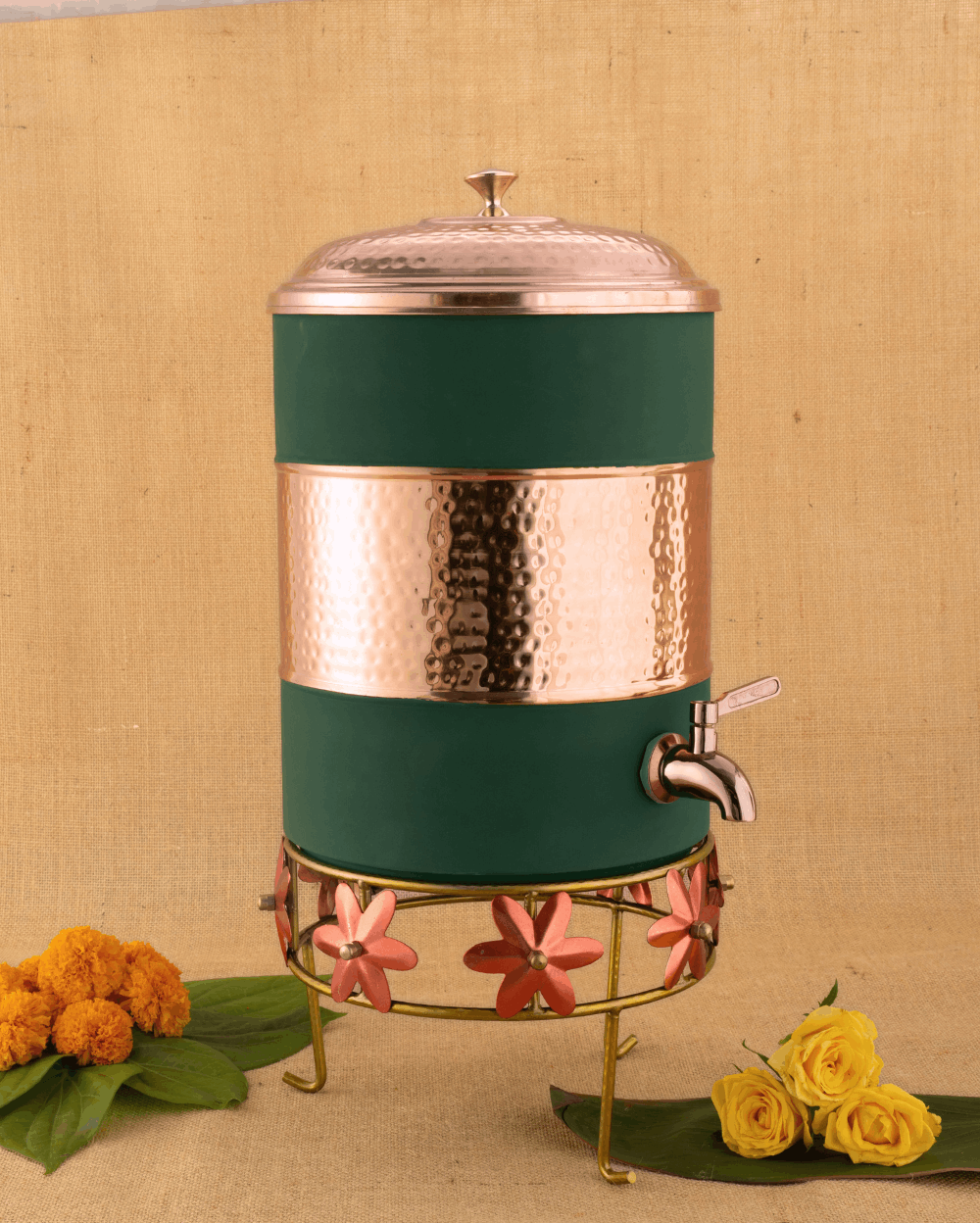 Royal Copper Heritage Matka Green Color Coated with Stand