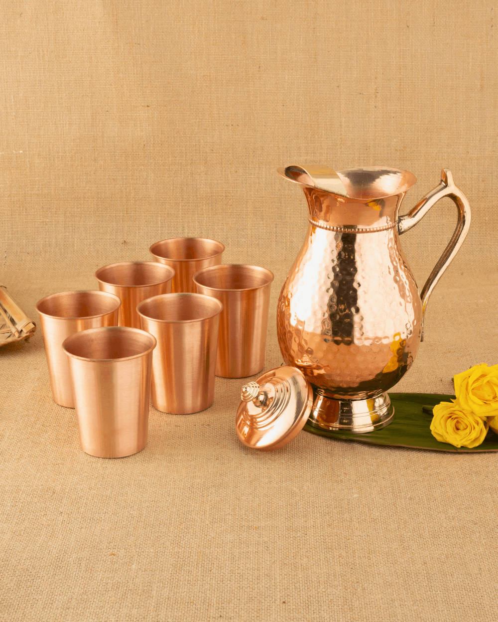 Authentic Copper Maharani Jug with Crest Glass 6 Pcs