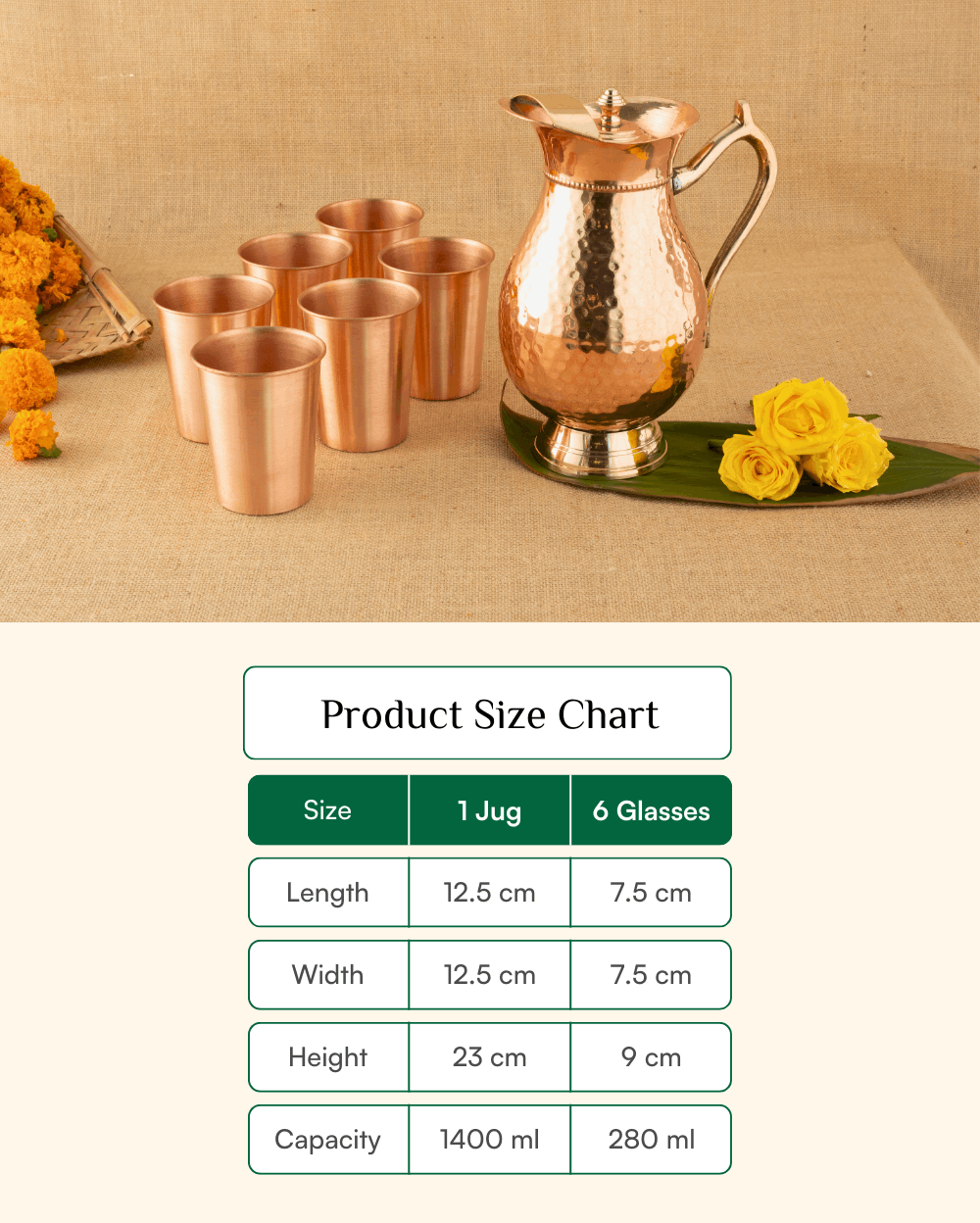 Premium Copper Maharani Jug with Crest Glass 6 Pcs