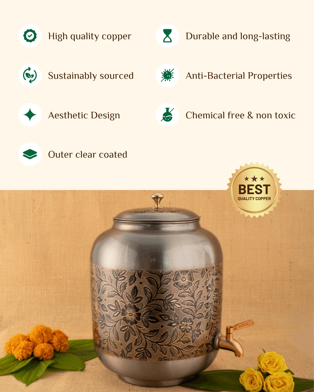 Benefits Of Copper Classic Matka Flower Engraved Color Coated