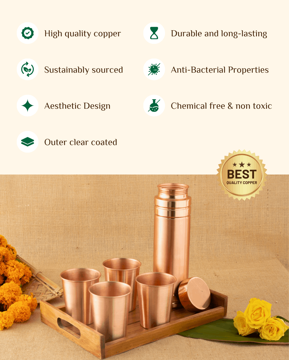Benefits Of Copper Crest Glass 4 Pcs Set + Premium Bottle 980ml Ltr with Teakwood Tray