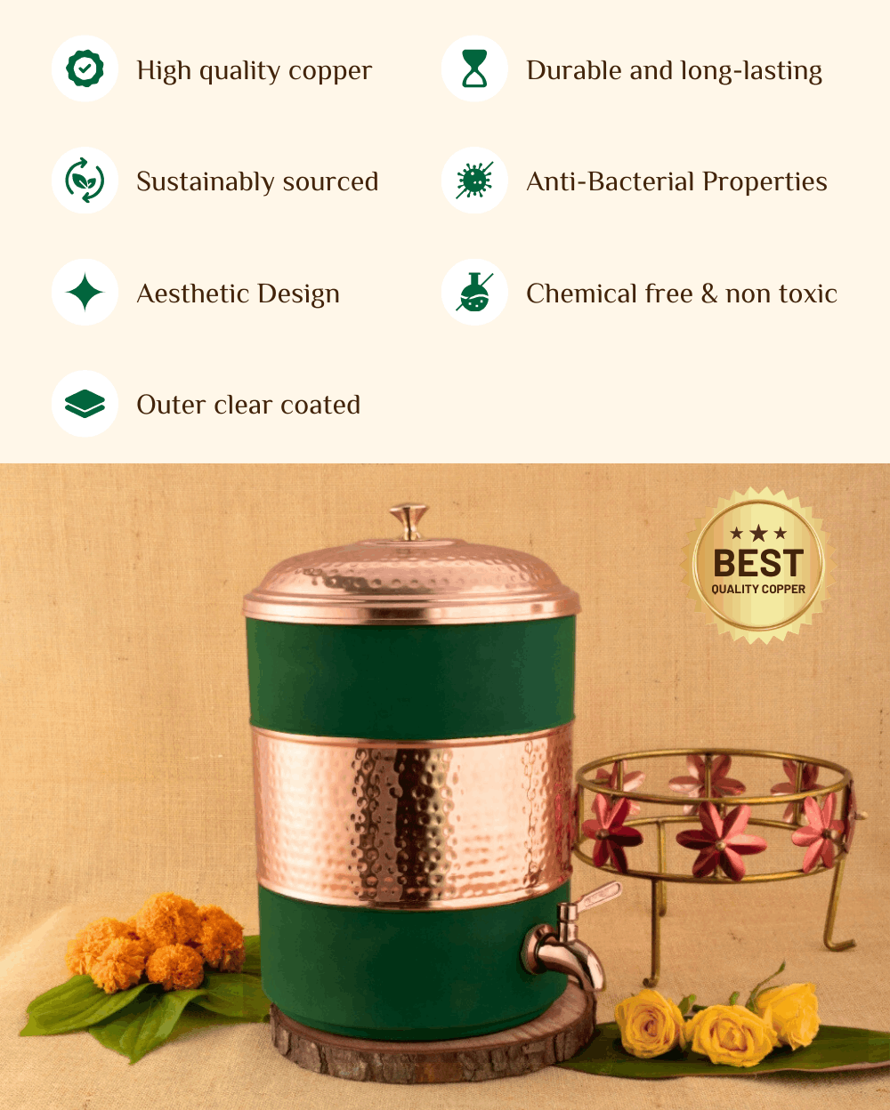Copper Heritage Matka Green Color Coated with Stand (7Ltr & 11Ltr)– monorex