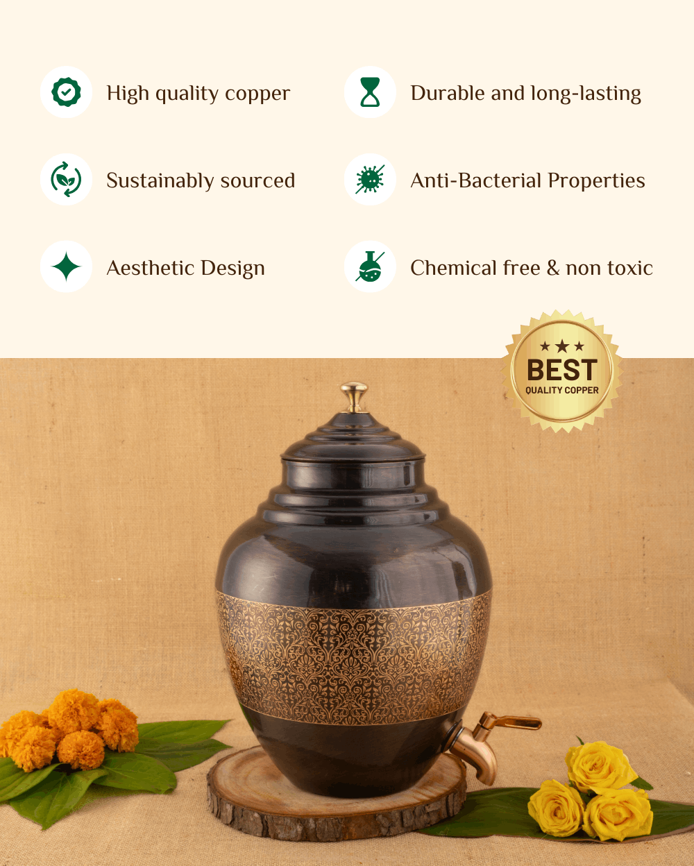 Copper Royal Matka/Waterpot Engraved 8L