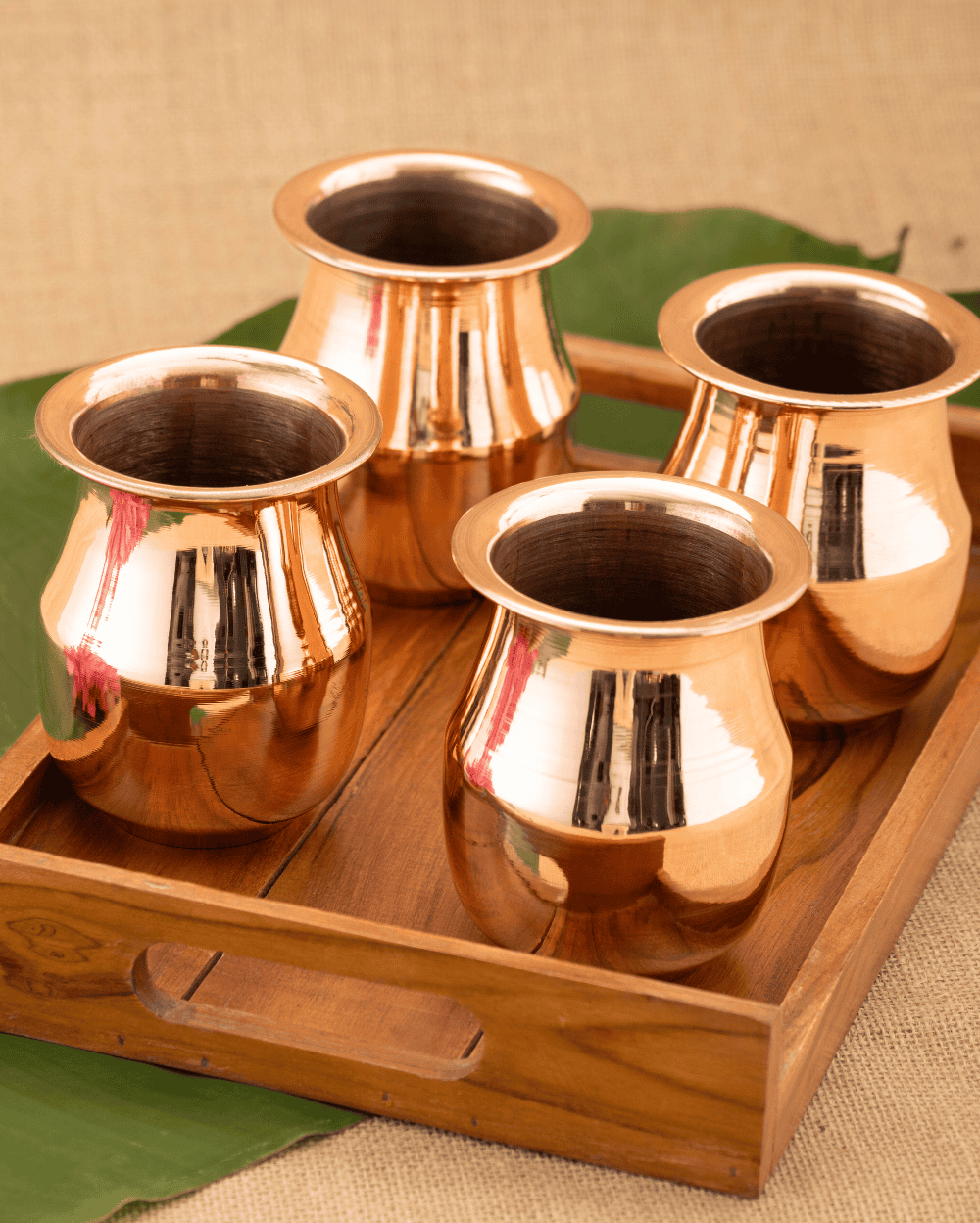 Authentic Copper Vintage Glass 4 Pcs with Teakwood Tray