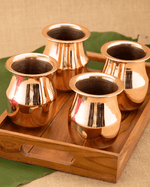 Authentic Copper Vintage Glass 4 Pcs with Teakwood Tray