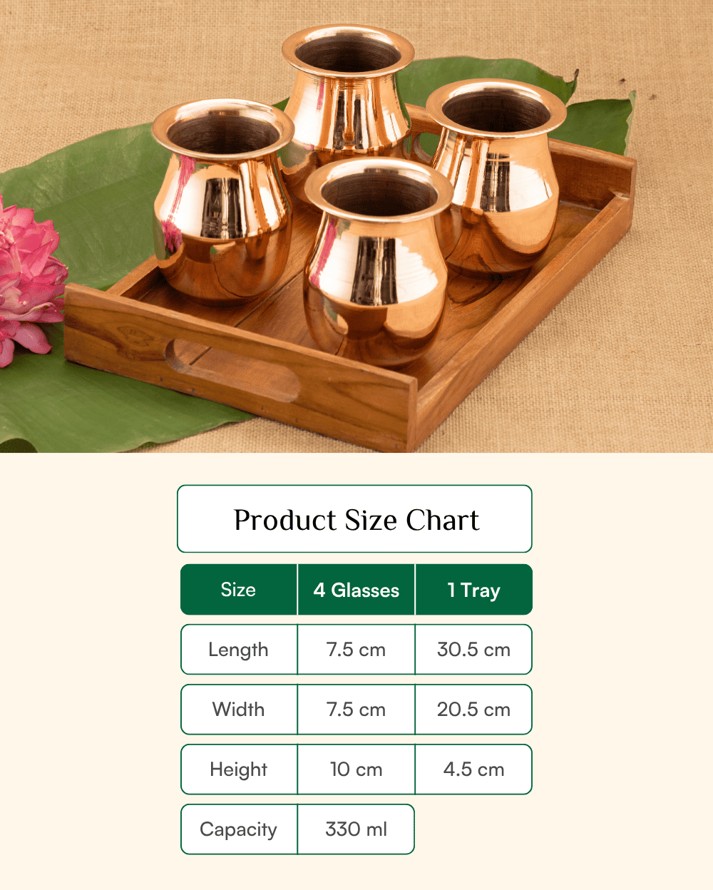 Premium Copper Vintage Glass 4 Pcs with Teakwood Tray