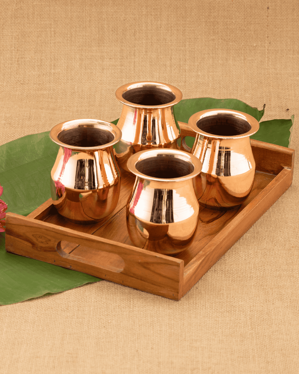 Copper Vintage Glass 4 Pcs with Teakwood Tray