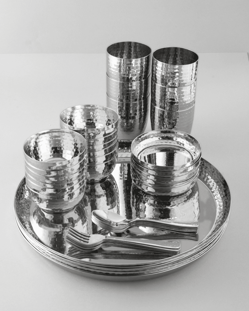 Steel Gleam Hammered Thali Set 42 Pcs