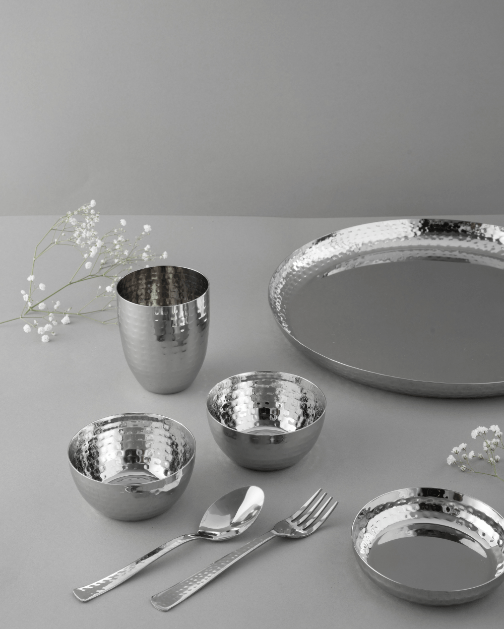 Steel Gleam Hammered Thali/Dinner Set 7 Items