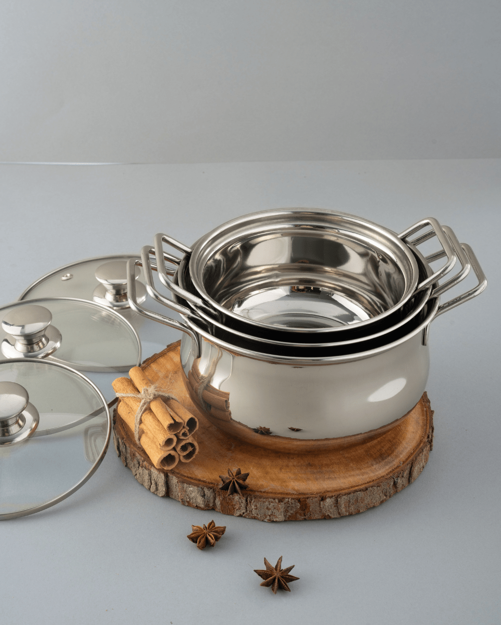 Steel Hefty Serving Handi with Glass Lid Set of 3 