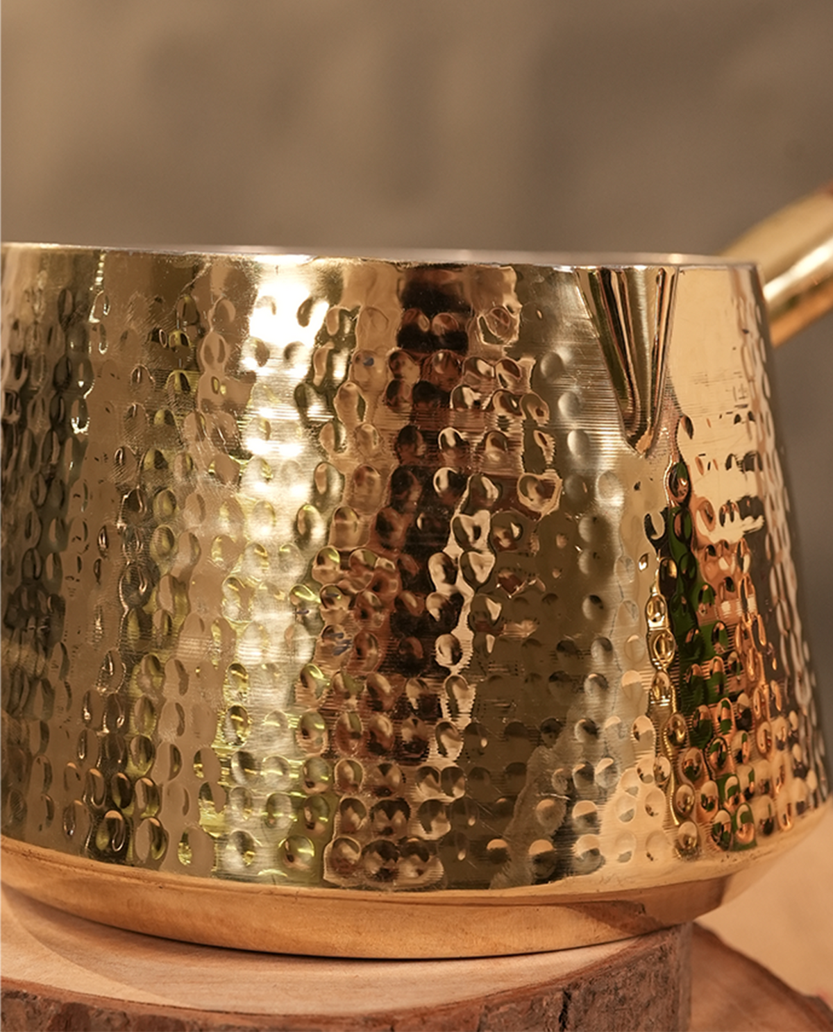 Brass saucepan tincoated with wood handle